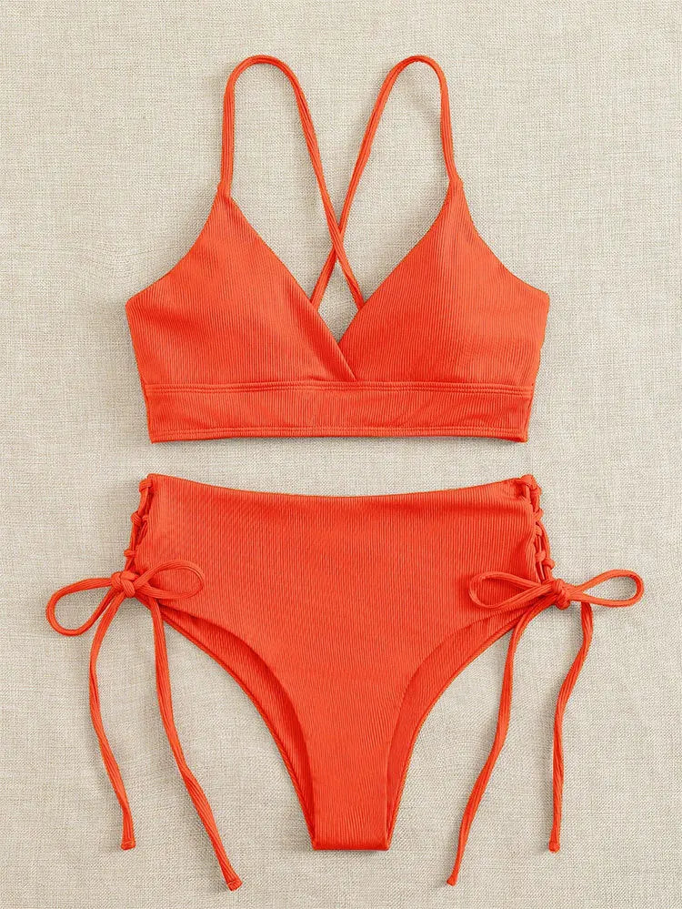 CIKINI Women's V-Neck Lace Up Bikini Set | Solid Color Triangle Swimwear