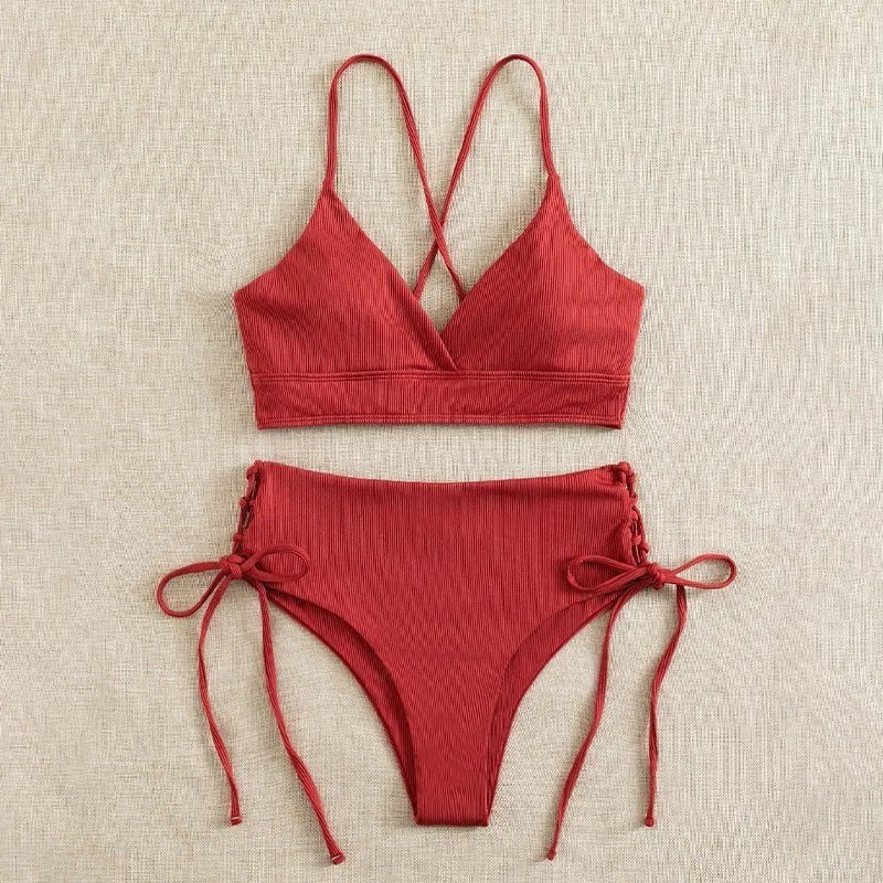 CIKINI Women's V-Neck Lace Up Bikini Set | Solid Color Triangle Swimwear