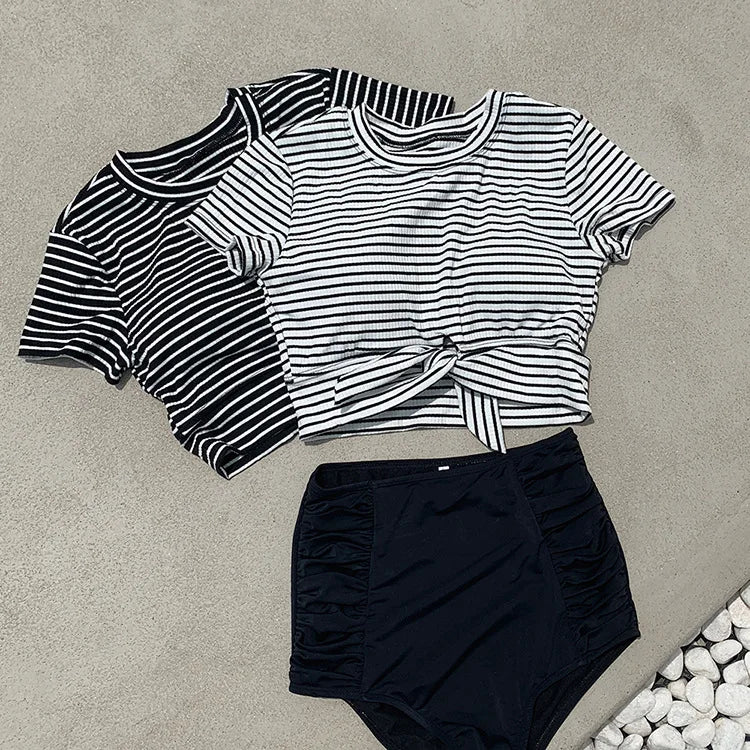 Women's Black and White Striped Bikini Set | High Waist Slimming Swimwear with Strapless Top