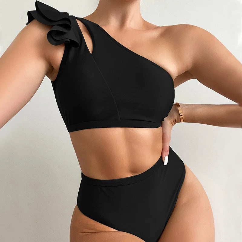 One Shoulder Ruffle Bikini Set - Solid High Waist Padded Swimwear for Women | 2025
