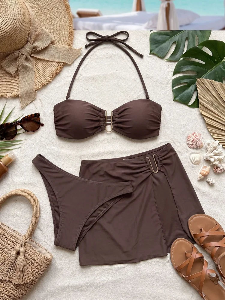 Women's Brown High Waist Bikini Set | U-Shaped Metal Detail Three-Piece Swimwear