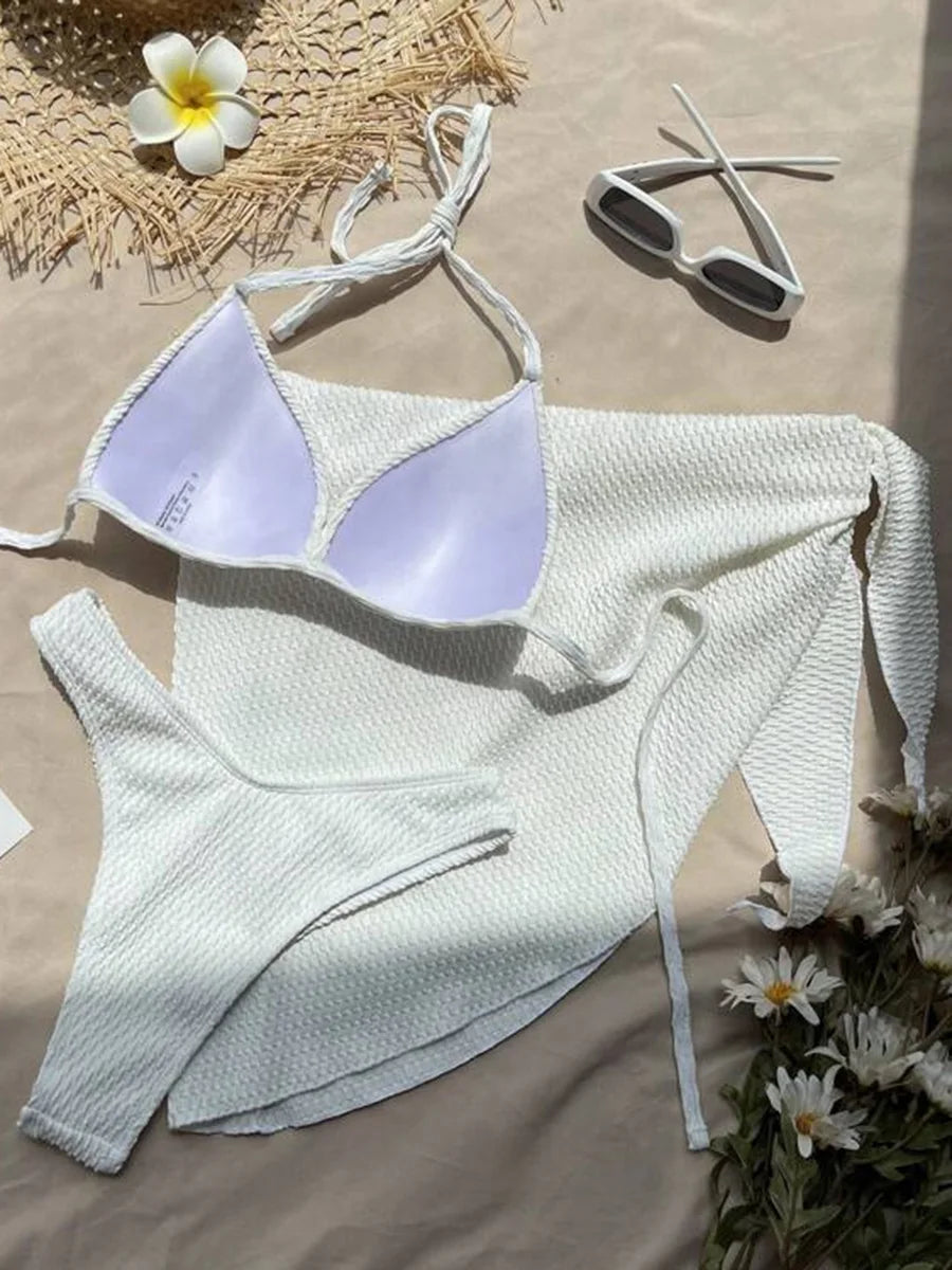Women's 3-Piece Wrinkled Bikini Set | Push Up Swimwear with Beach Sarong