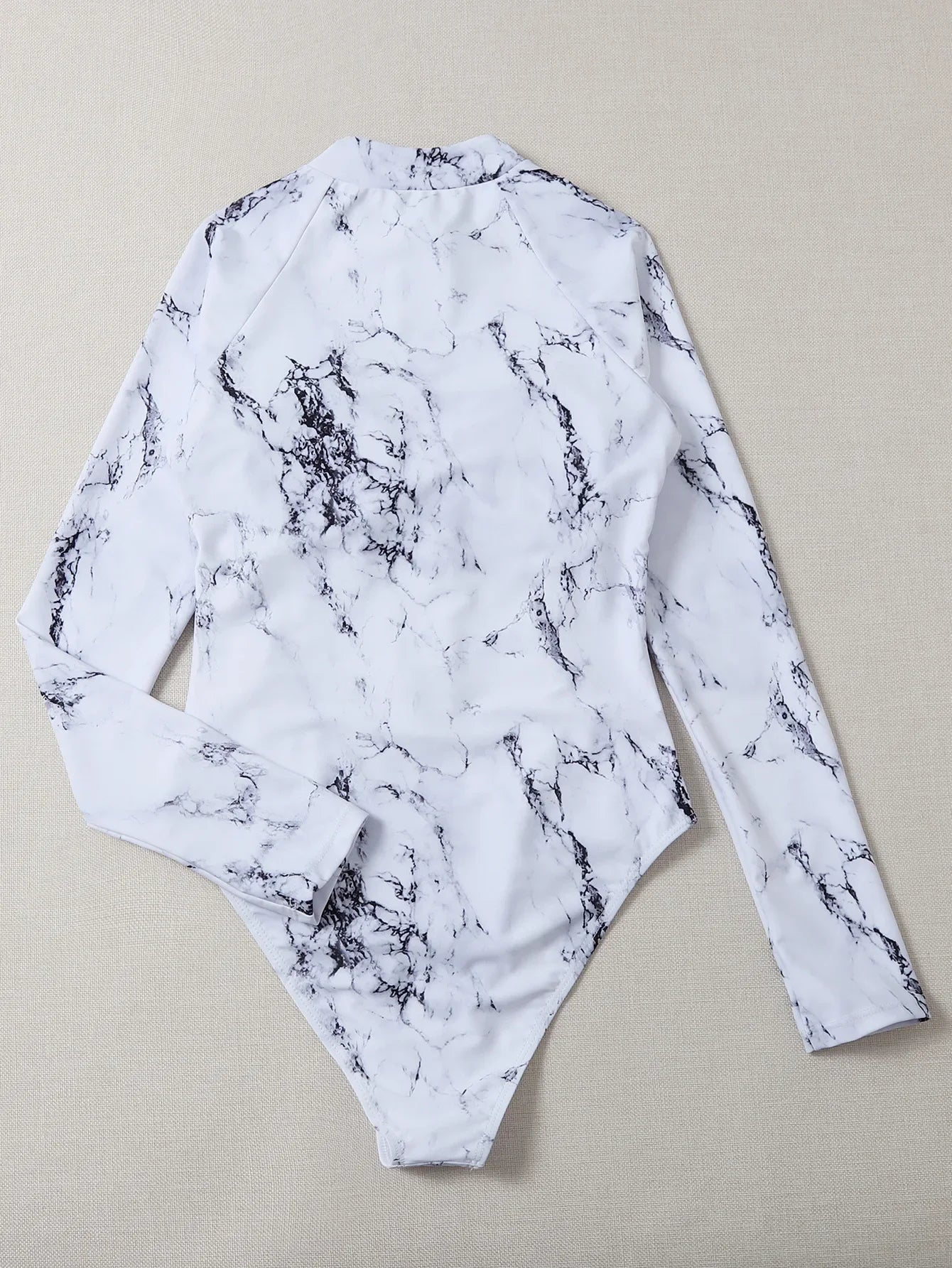 White Solid Color One Piece Swimsuit - Athletic Long Sleeve Swimwear for Beach & Surf