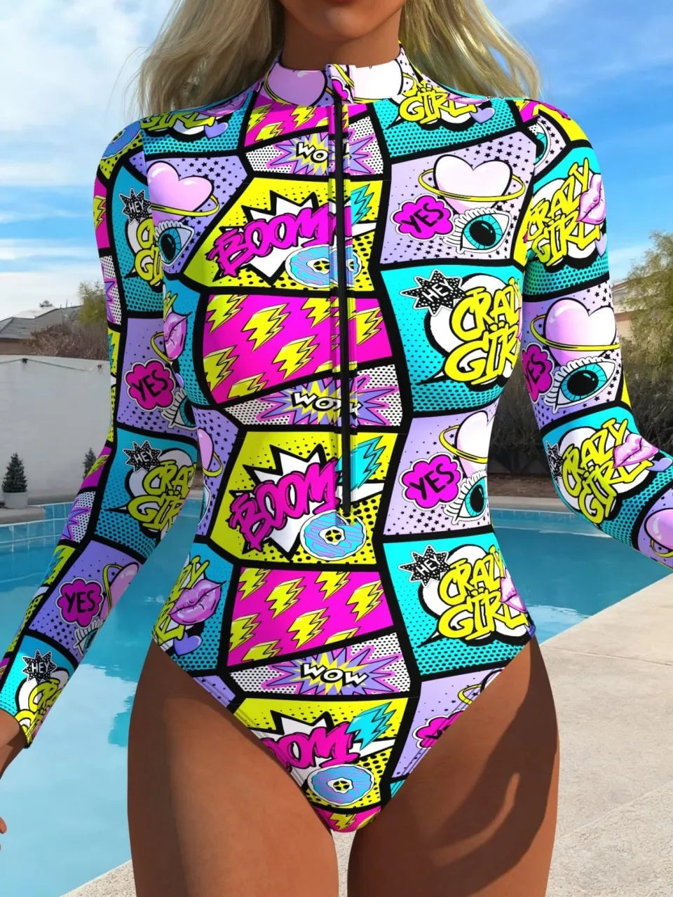 Women's Long Sleeve Print Rash Guard Swimsuit | Front Zipper Surf Suit Up to XXL