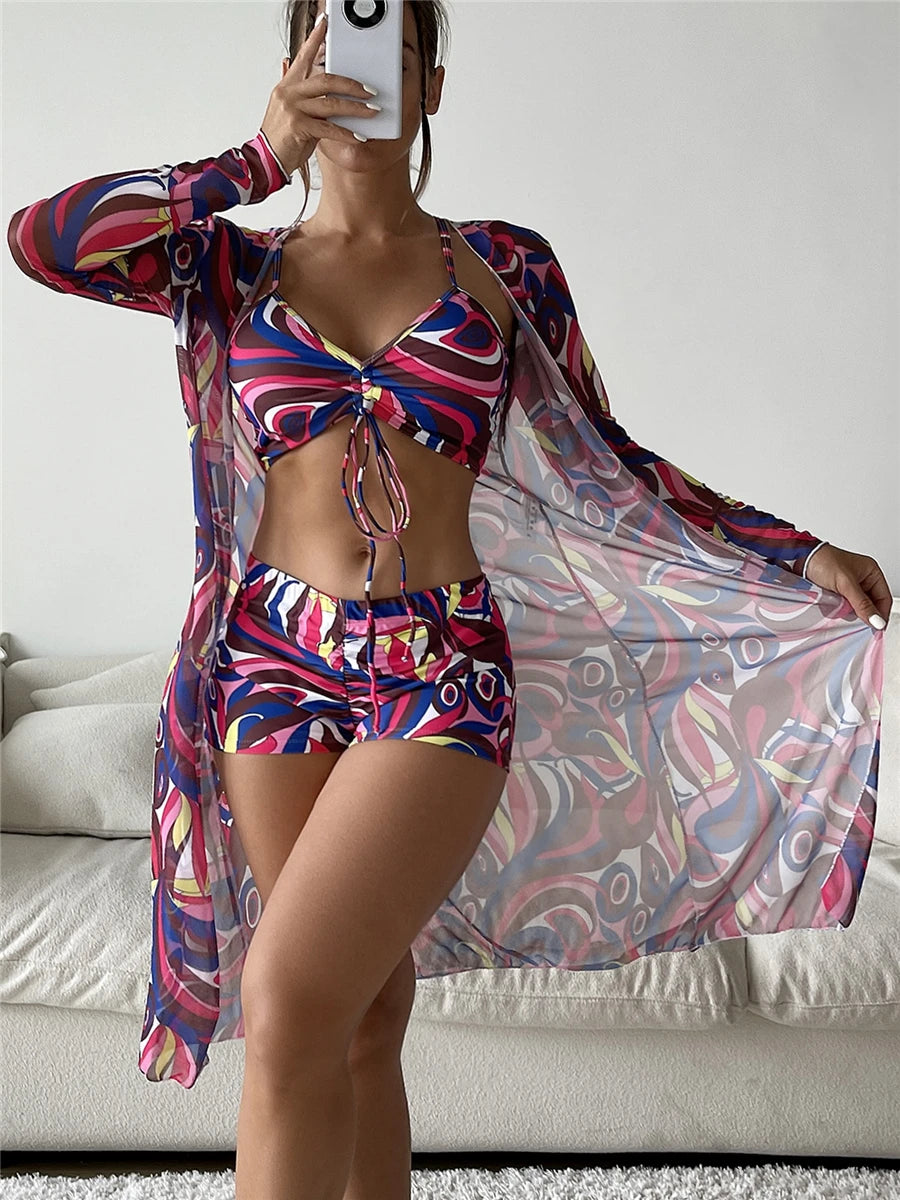 Sexy Printed 3 Piece Bikini Set - High Waist Swimsuit with Cover Up for Women