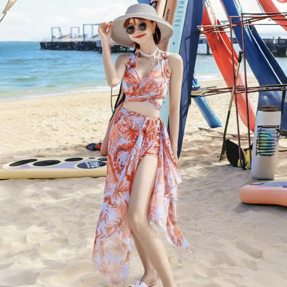 Gradient Floral 3 Piece Bikini Set - Fashion Slimming Split Style for Sun Protection