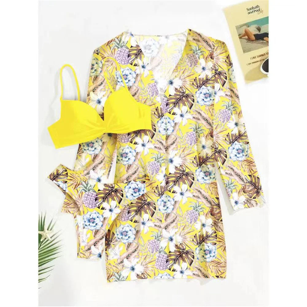 Women's Print 3 Piece Bikini Set - Push Up Twist Swimsuit with Long Sleeve Cover Up