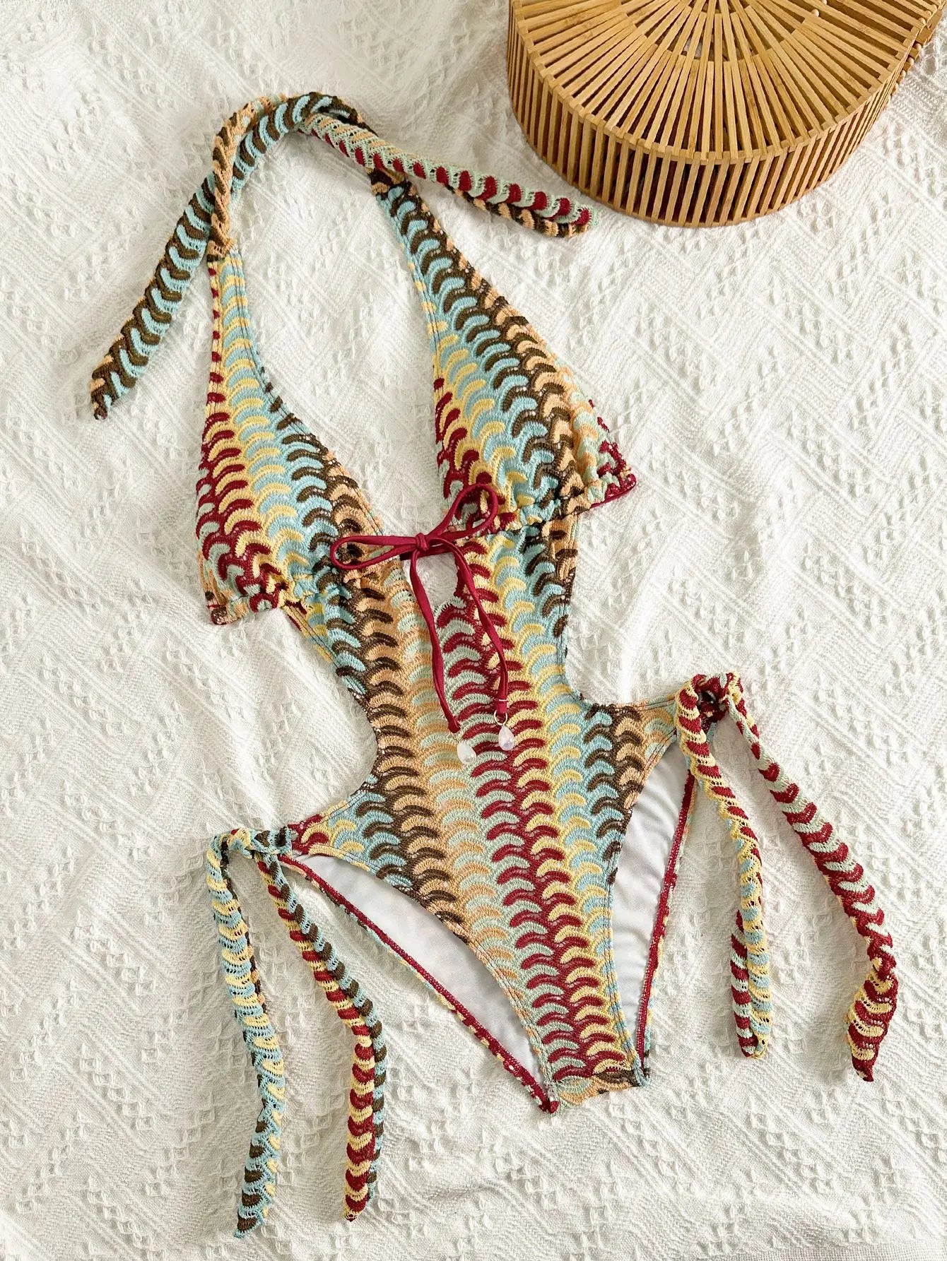 Women's Retro Striped Halter One Piece Swimsuit | Deep V Hollow Out Bandage Monokini