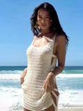 Sexy U Neck Mini Dress - Sleeveless Knit with Horizontal Stripes & Side Cut Outs | Beach Vacation