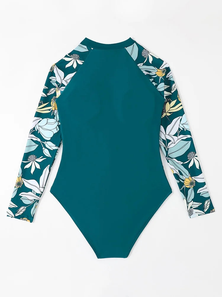 Sexy Solid Print One Piece Swimsuit - Long Sleeve Bodysuit Monokini for Women
