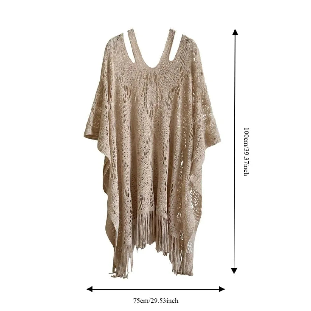 Women's Crochet Beach Shawl | Bohemian Tassel Sun Protection Cover Up