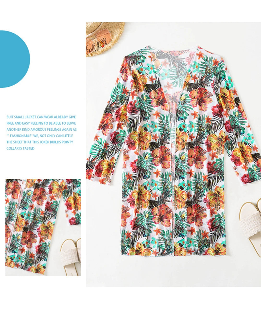 Floral Print 3 Piece Bikini Set with Mesh Blouse - Long Sleeve High Waisted Swimsuit