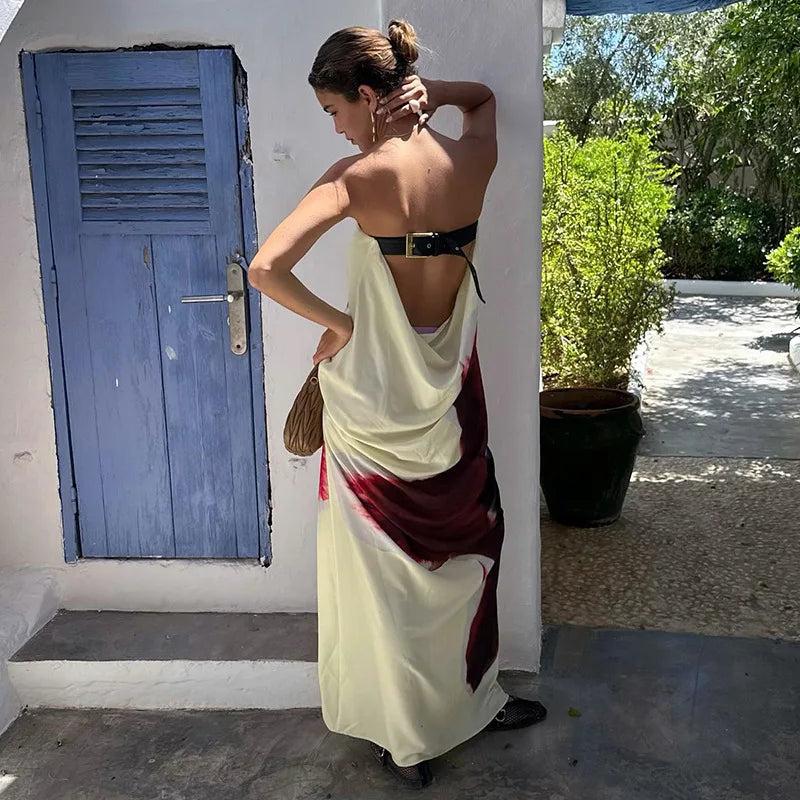 Yellow Floral Maxi Dress - Sexy Strapless & Backless with Belt | Vacation Party Beachwear