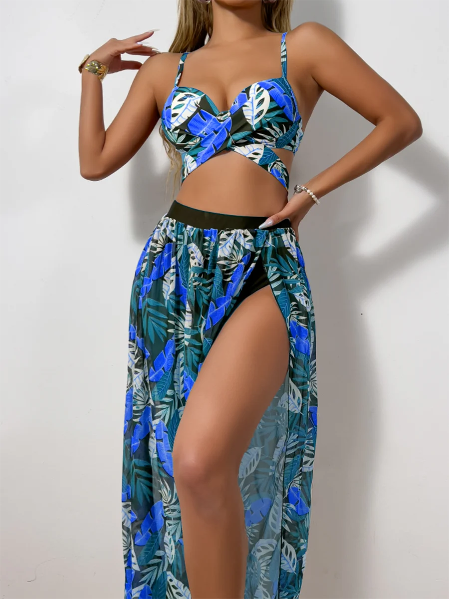 Print Cross 3 Piece Bikini with Long Skirt - Women's Vent Swimsuit for Beach