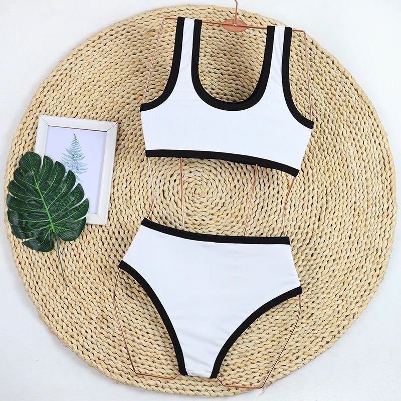 Women's High Waist Ribbed Bikini Set | Two-Piece Swimwear with Shorts