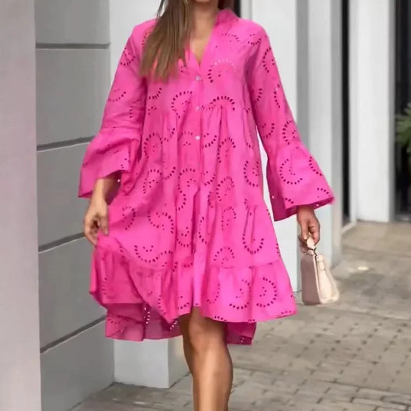 Women's Hollow Out Lace Dress - Elegant Vintage V-Neck Mini Dress with Long Sleeves