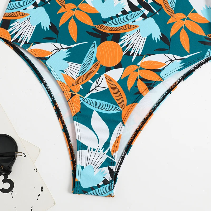Tropical Print One Piece Swimsuit - Knot Side Belted & Padded Bathing Suit for Women