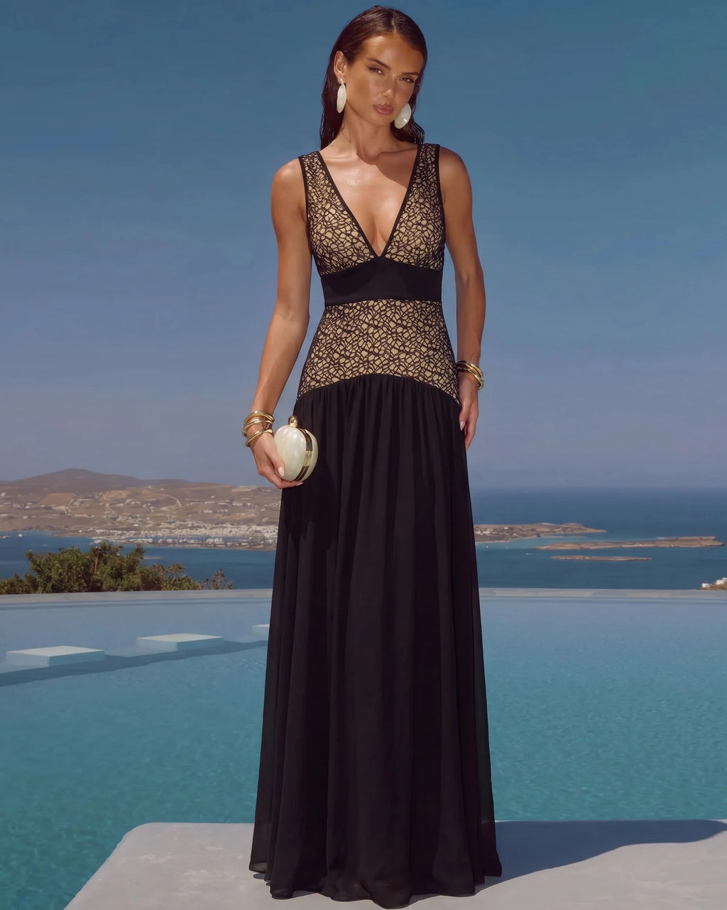 Women's Black Lace Cutout Swimsuit Set | V-Neck Swimwear with Matching Skirt