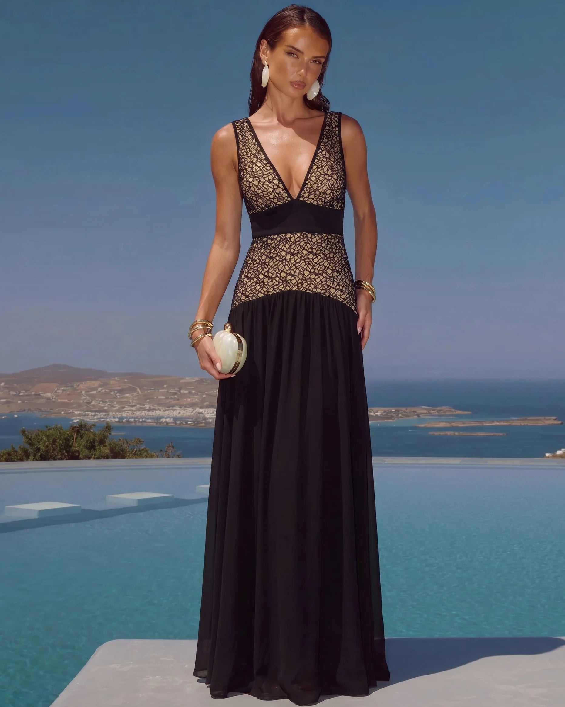 Women's Black Lace Cutout Swimsuit Set | V-Neck Swimwear with Matching Skirt