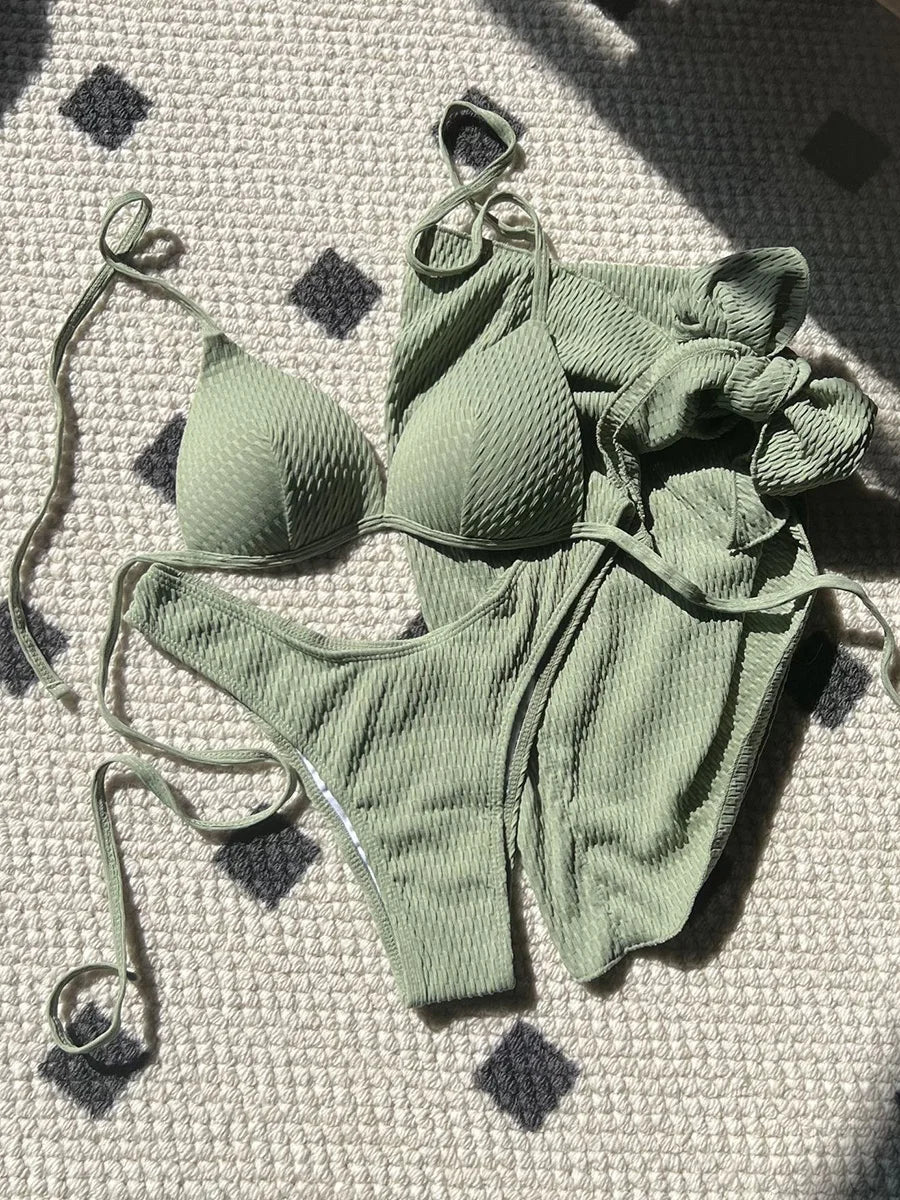 Women's 3-Piece Wrinkled Bikini Set | Push Up Swimwear with Beach Sarong