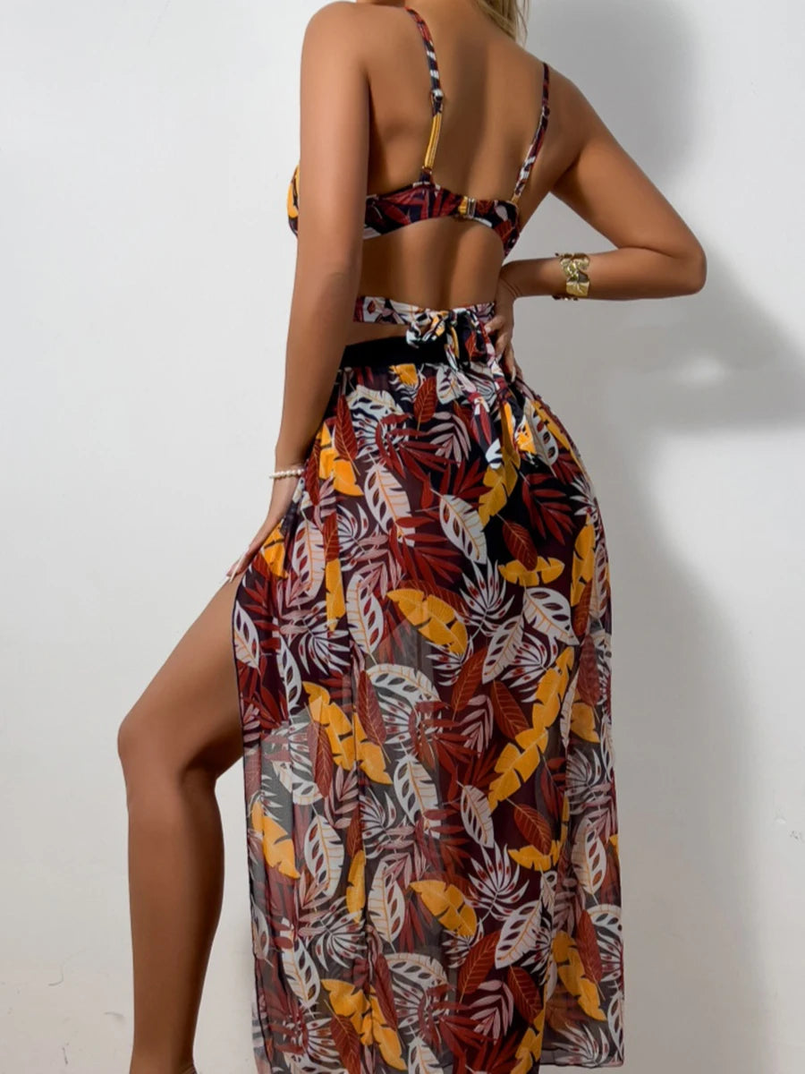 Print Cross 3 Piece Bikini with Long Skirt - Women's Vent Swimsuit for Beach