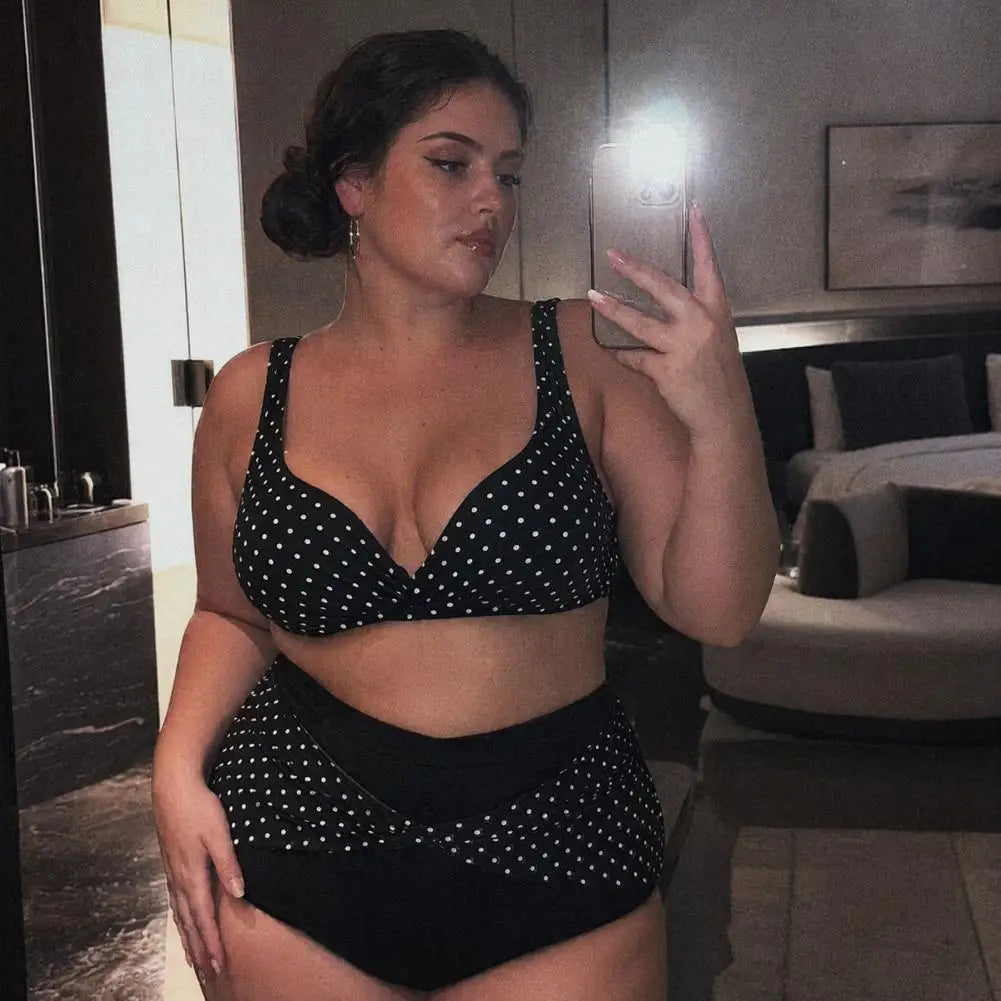 Plus Size Retro Dot Bikini Set | Cross-Chest V-Neck with Built-In Support & High Waist Bottoms