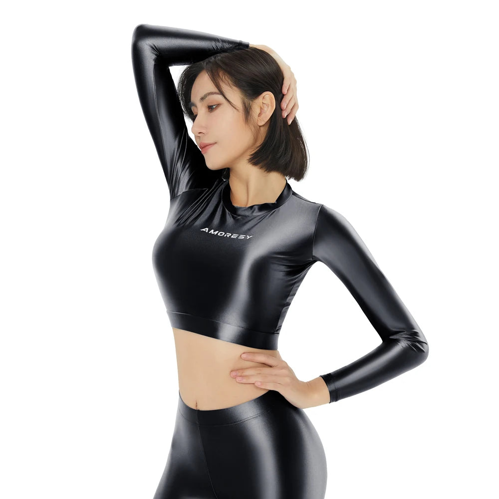 Women's Satin Long Sleeve Swim Top & Tights Set - Exposed Belly Activewear for Beach