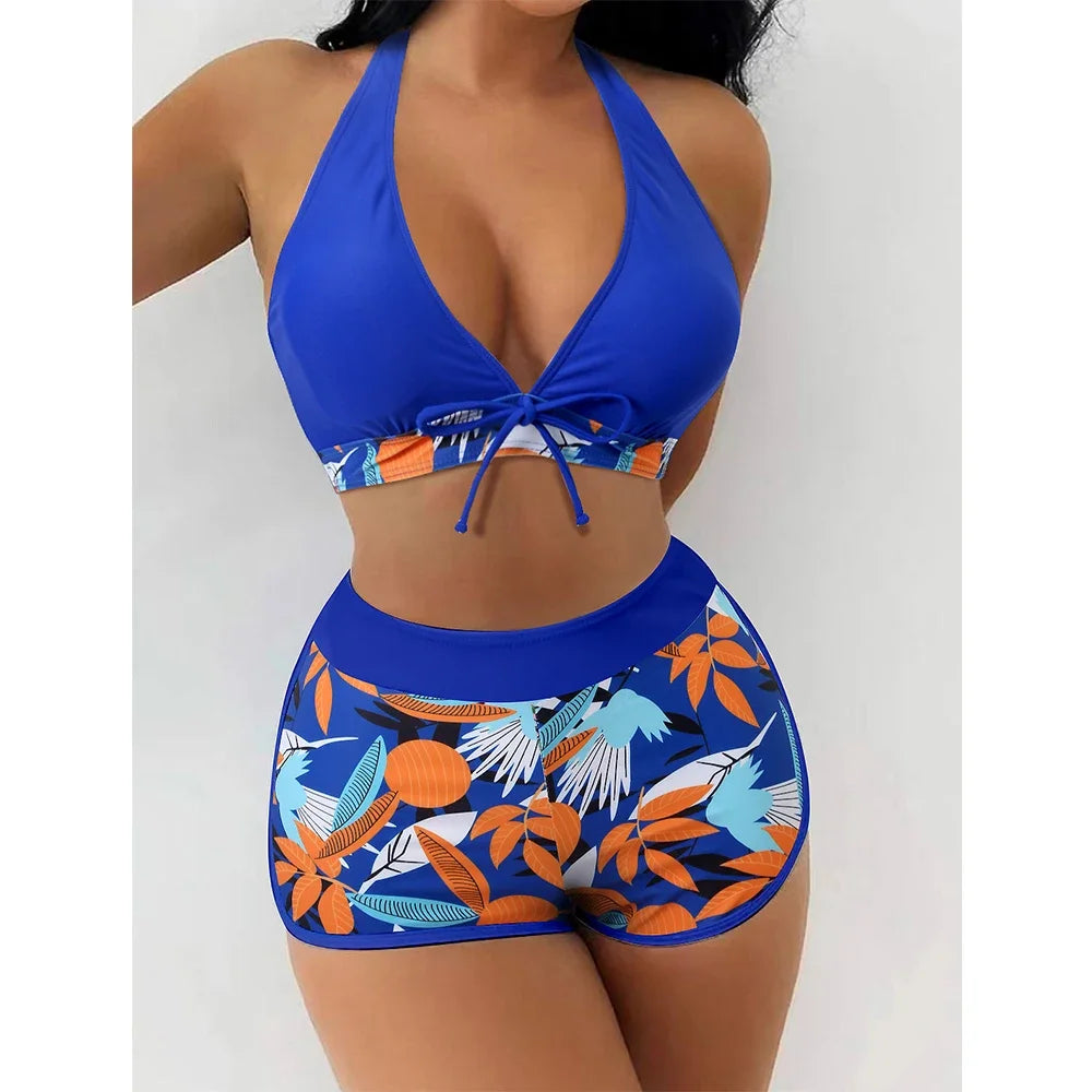 Color Block Sports Bikini Set - Women's Sexy Hanging Neck Cross Split Swimwear for Beach