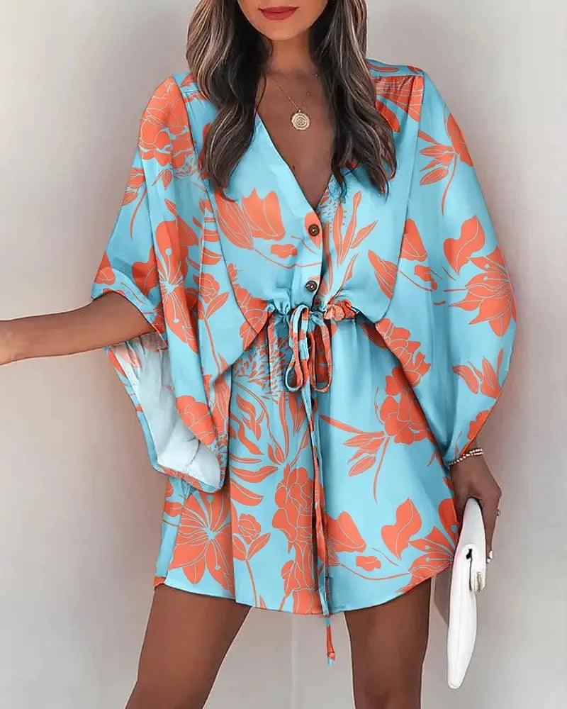 Women's Floral Print Batwing Sleeve Dress | V-Neck Ruffle Hem Boho Summer