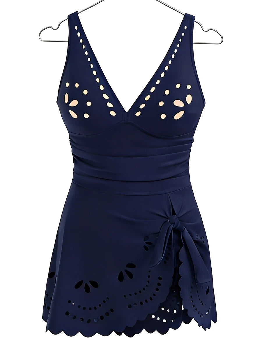 Women's V-Neck Hollow One Piece Swimsuit | Solid Beach Dress Swimwear Up to XXL