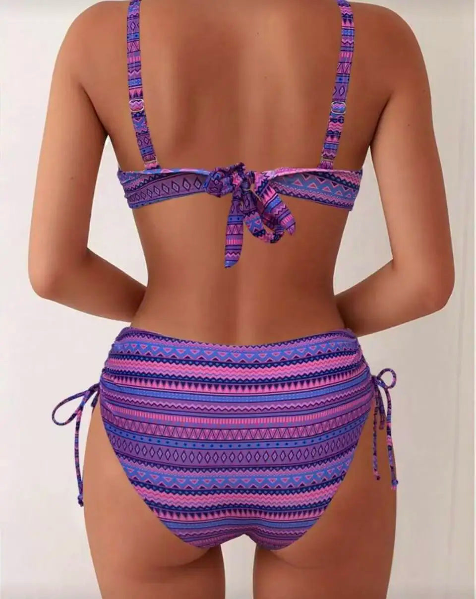 Women's Strappy High Waist Striped Bikini | Drawstring Swimwear