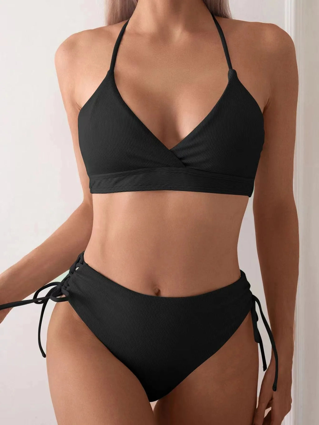 CIKINI Women's V-Neck Lace Up Bikini Set | Solid Color Triangle Swimwear