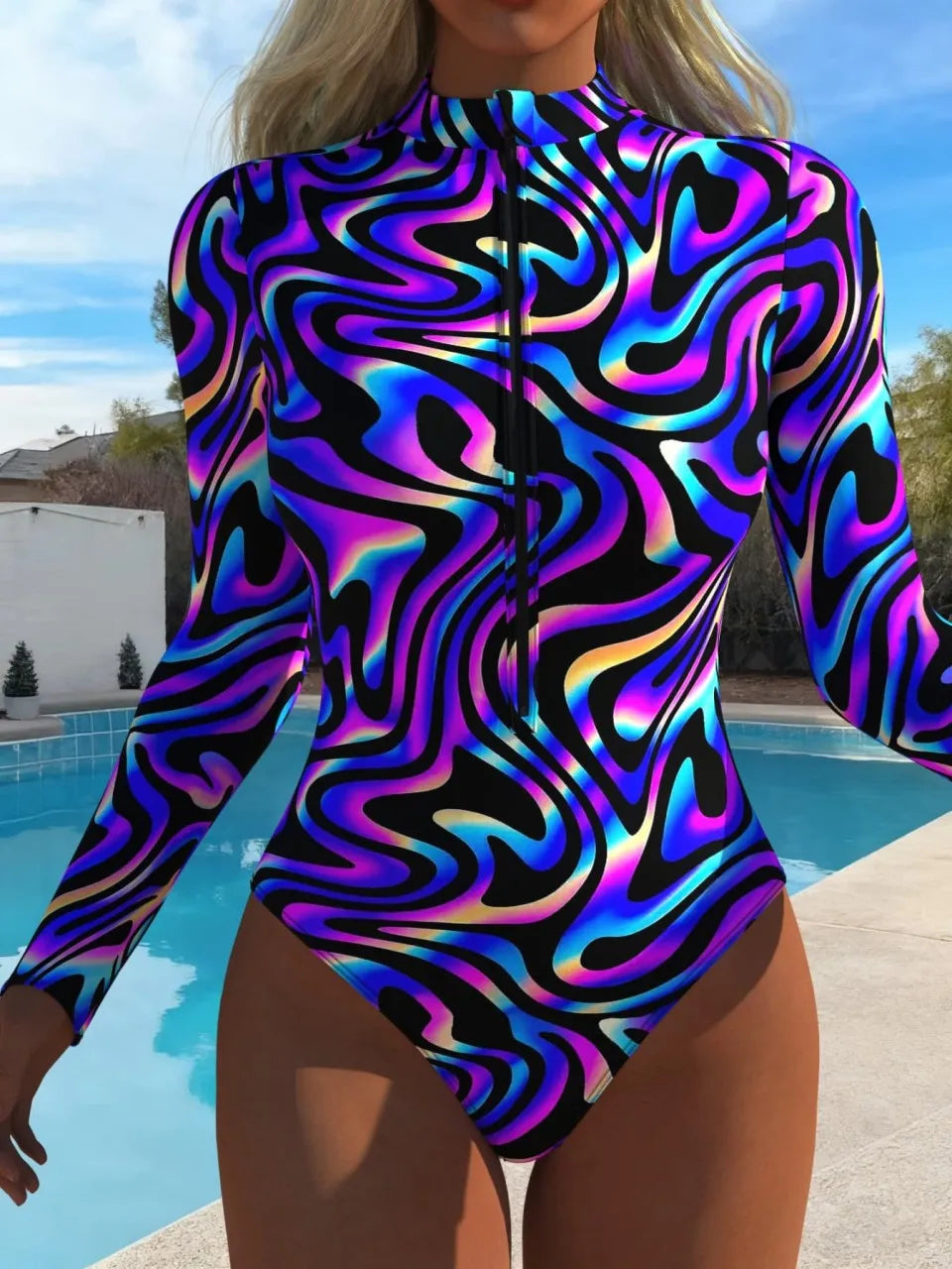 Women's Long Sleeve Print Rash Guard Swimsuit | Front Zipper Surf Suit Up to XXL