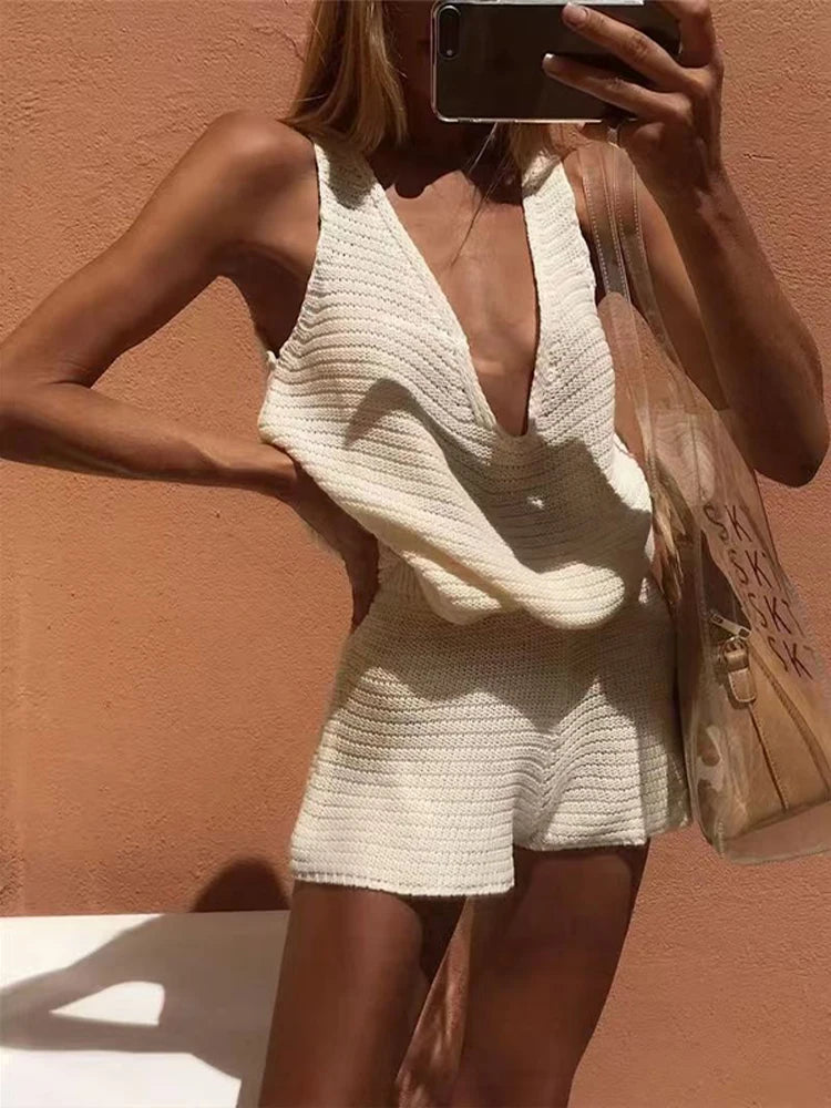 Women's Knitted Beach Set | Deep V-Neck Lace Up Vest & Shorts