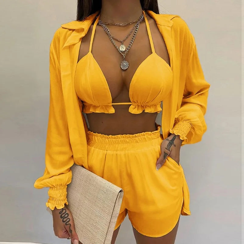 Women's 3-Piece High Waist Bikini Set | Print Swimwear with Shorts Cover Up
