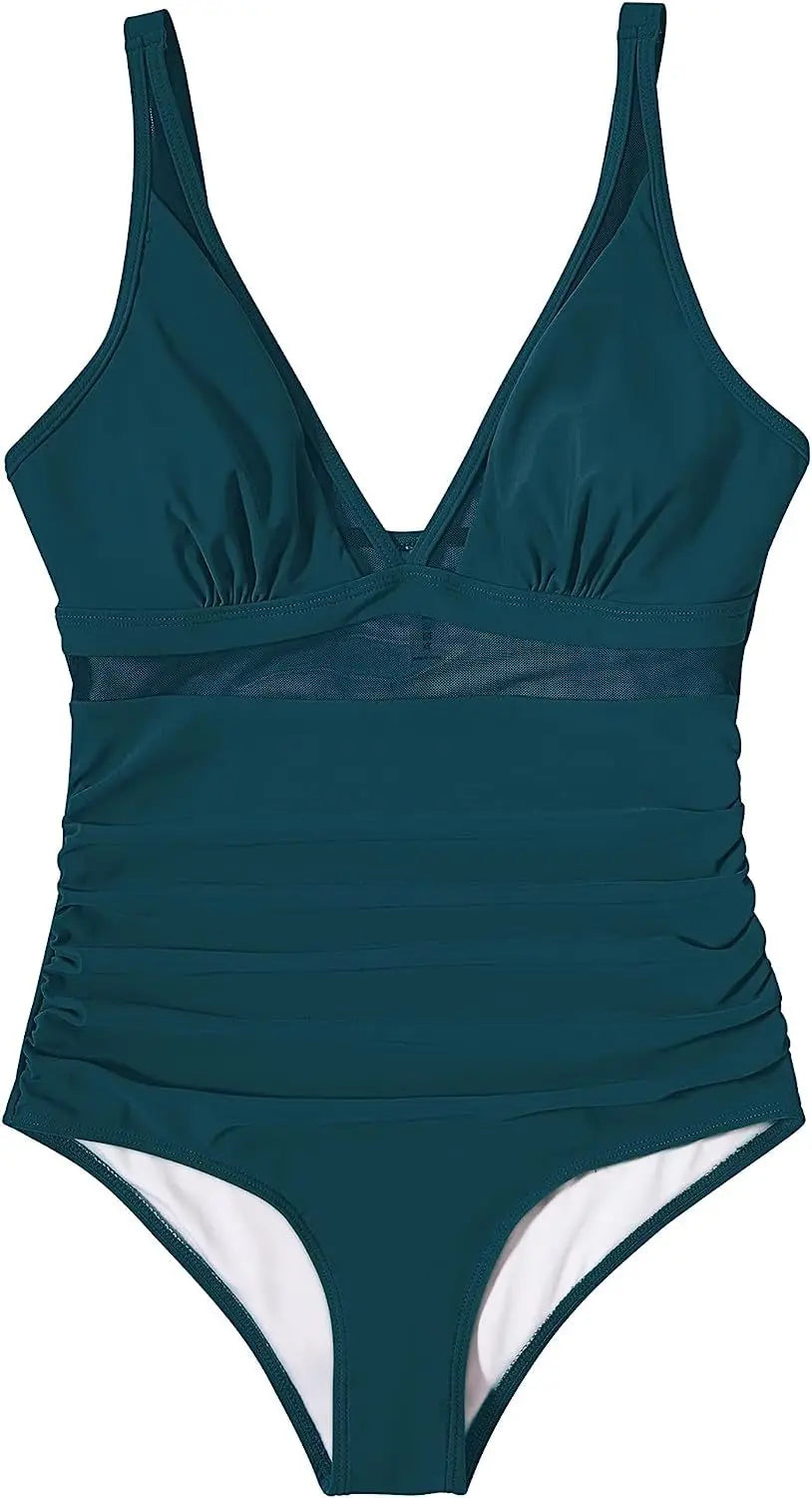 Deep V Neck One Piece Swimsuit - Removable Bra Plain Monokini for Women
