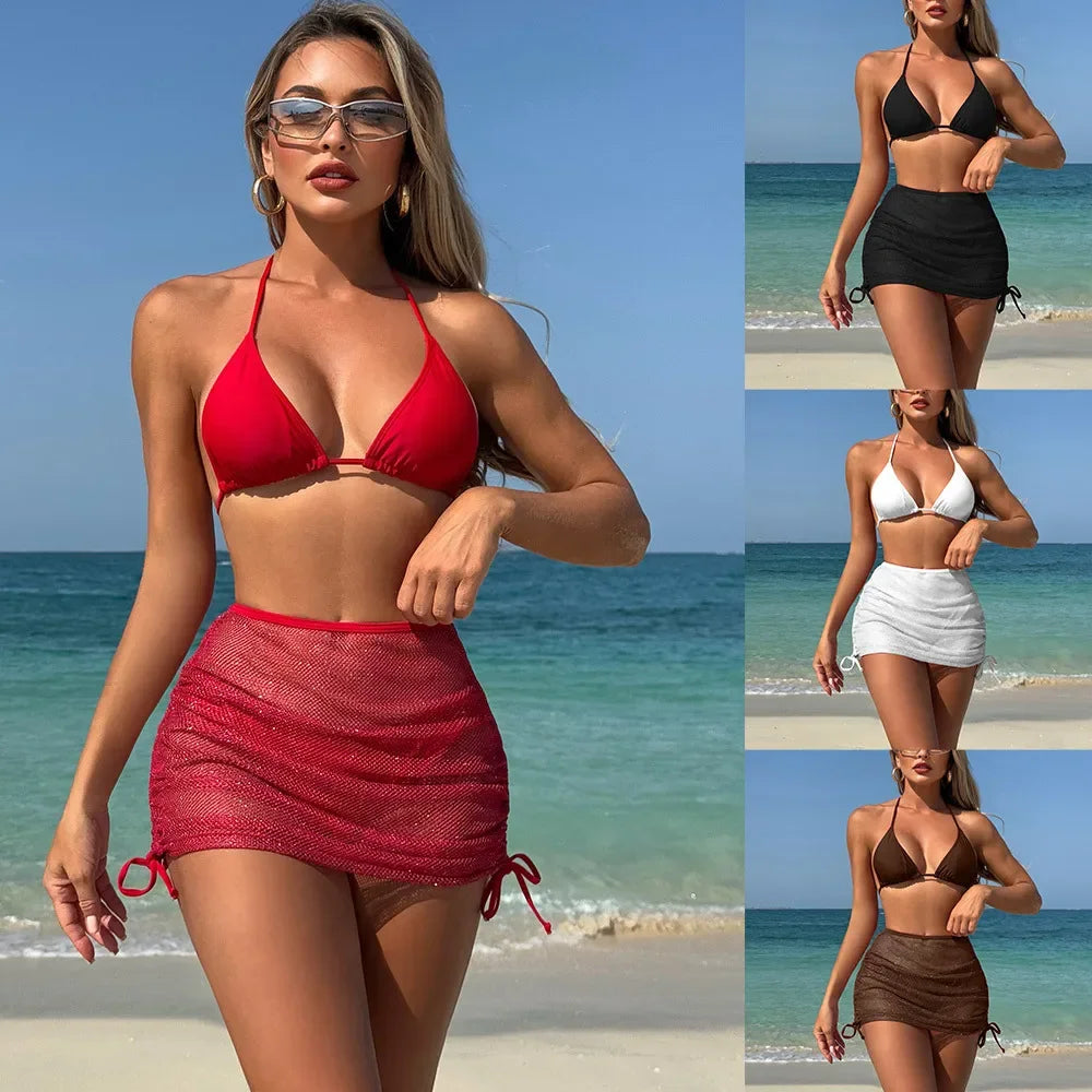 Paisley Print 3 Piece Halter Bikini Set - with Beach Skirt Cover Up for Women