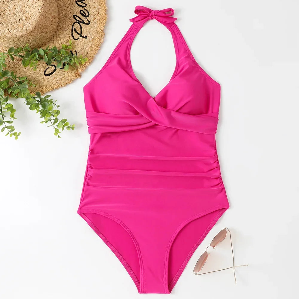 Women's Wrinkled Halter One Piece Swimsuit | V Neck Backless Monokini S-XXL