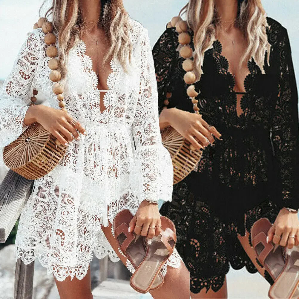 Boho White Crochet Beach Dress - V-Neck Scallop Trim Sundress Tunic Cover Up