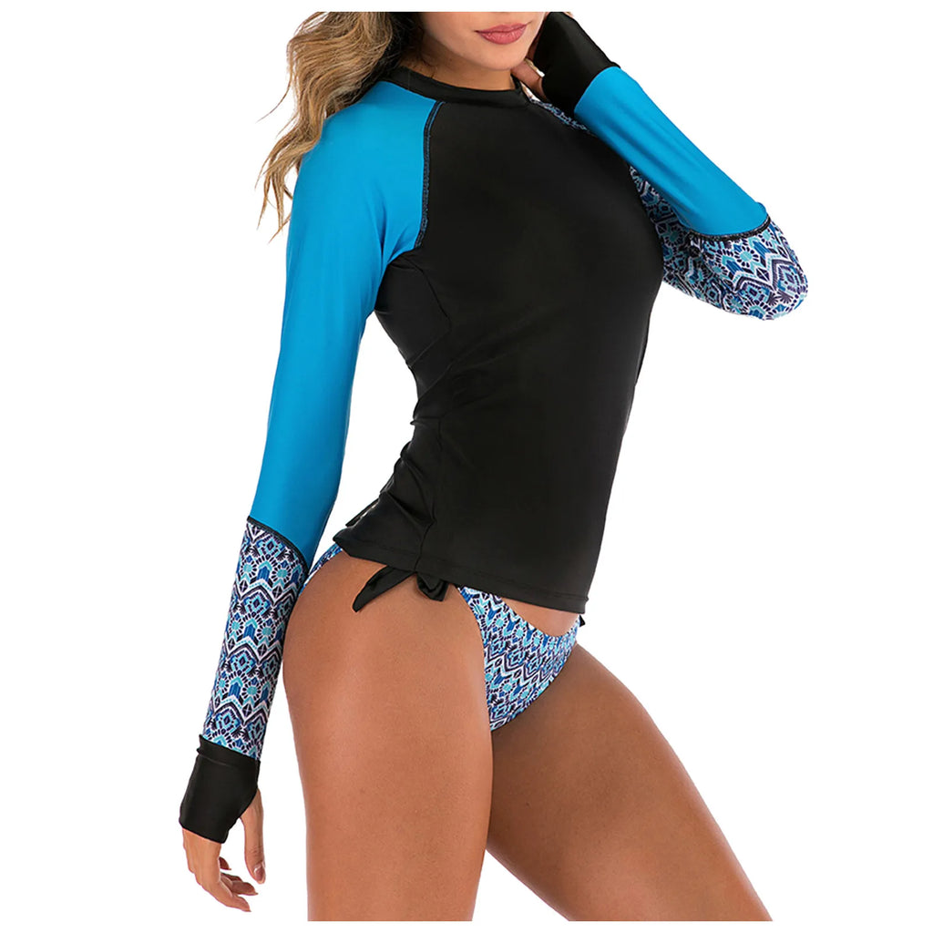 Women's 2 Piece Print Rash Guard Set - UV Protection Long Sleeve Bikini Bathing Suits