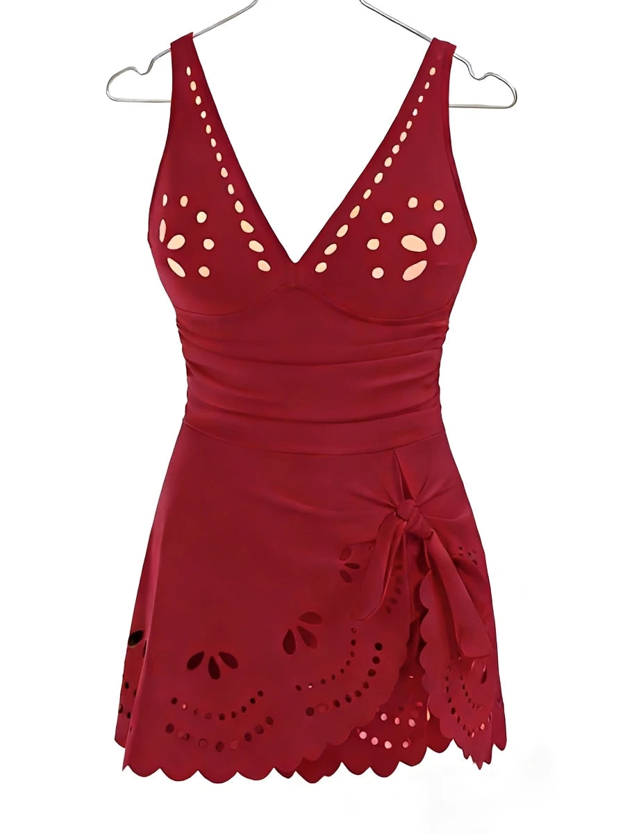Women's V-Neck Hollow One Piece Swimsuit | Solid Beach Dress Swimwear Up to XXL