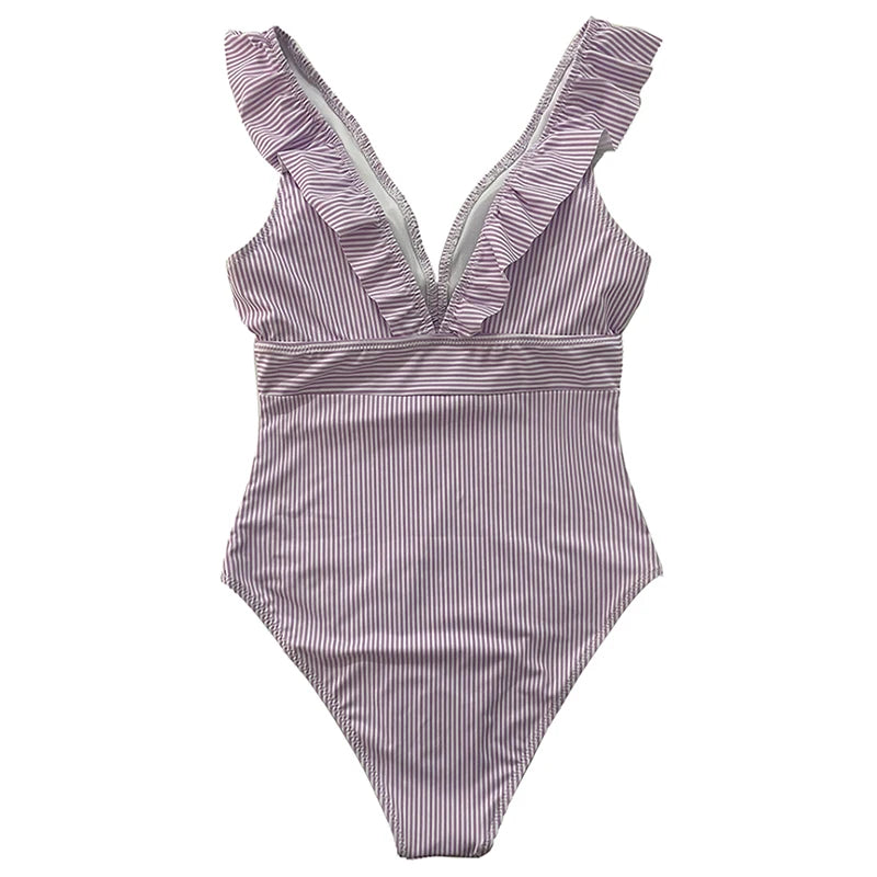 Women's Striped Ruffle One Piece Swimsuit | Vintage Print Monokini Beachwear