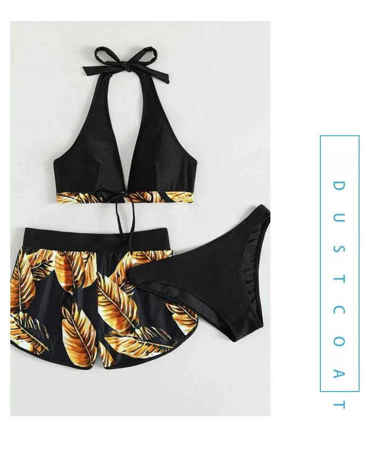 Leaf Print 3 Piece Bikini Set - Women's Sexy High Waist Swimsuit for the Beach