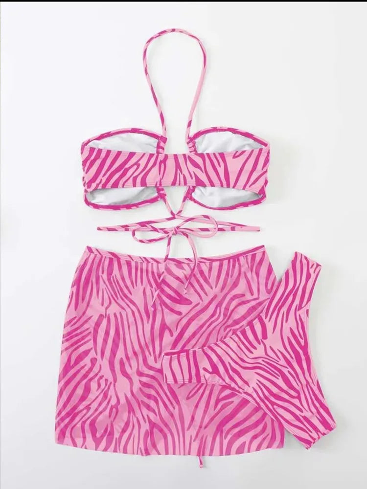 Vigorashely Women's Leopard 3-Piece Bikini Set | Halter Push Up Mesh Skirt Swimwear