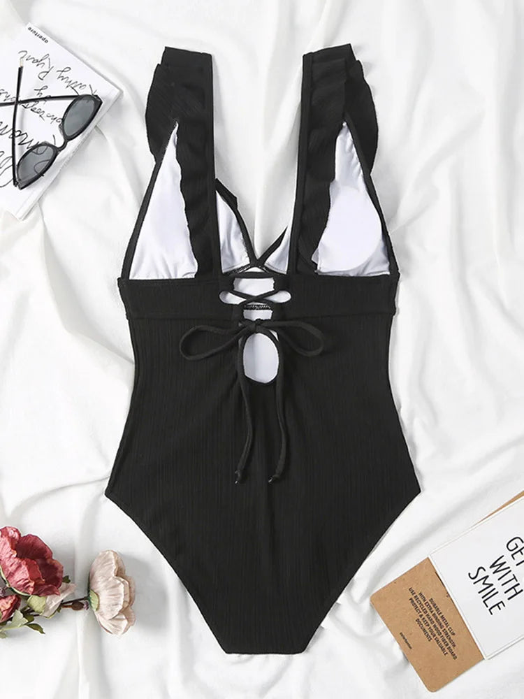 Women's Ruffle One Piece Swimsuit | V-Neck Backless Swimwear with Padded Bra
