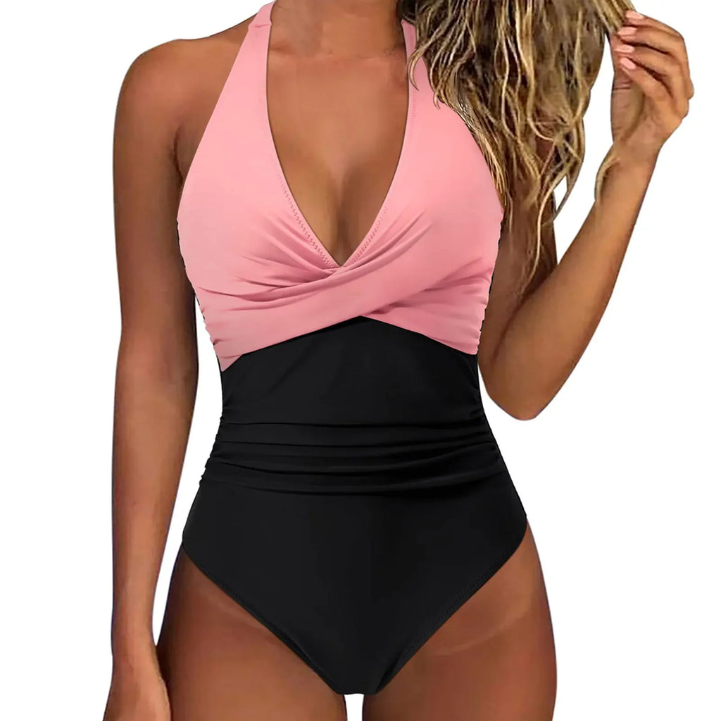 Women's Wrinkled Halter One Piece Swimsuit | V Neck Backless Monokini S-XXL