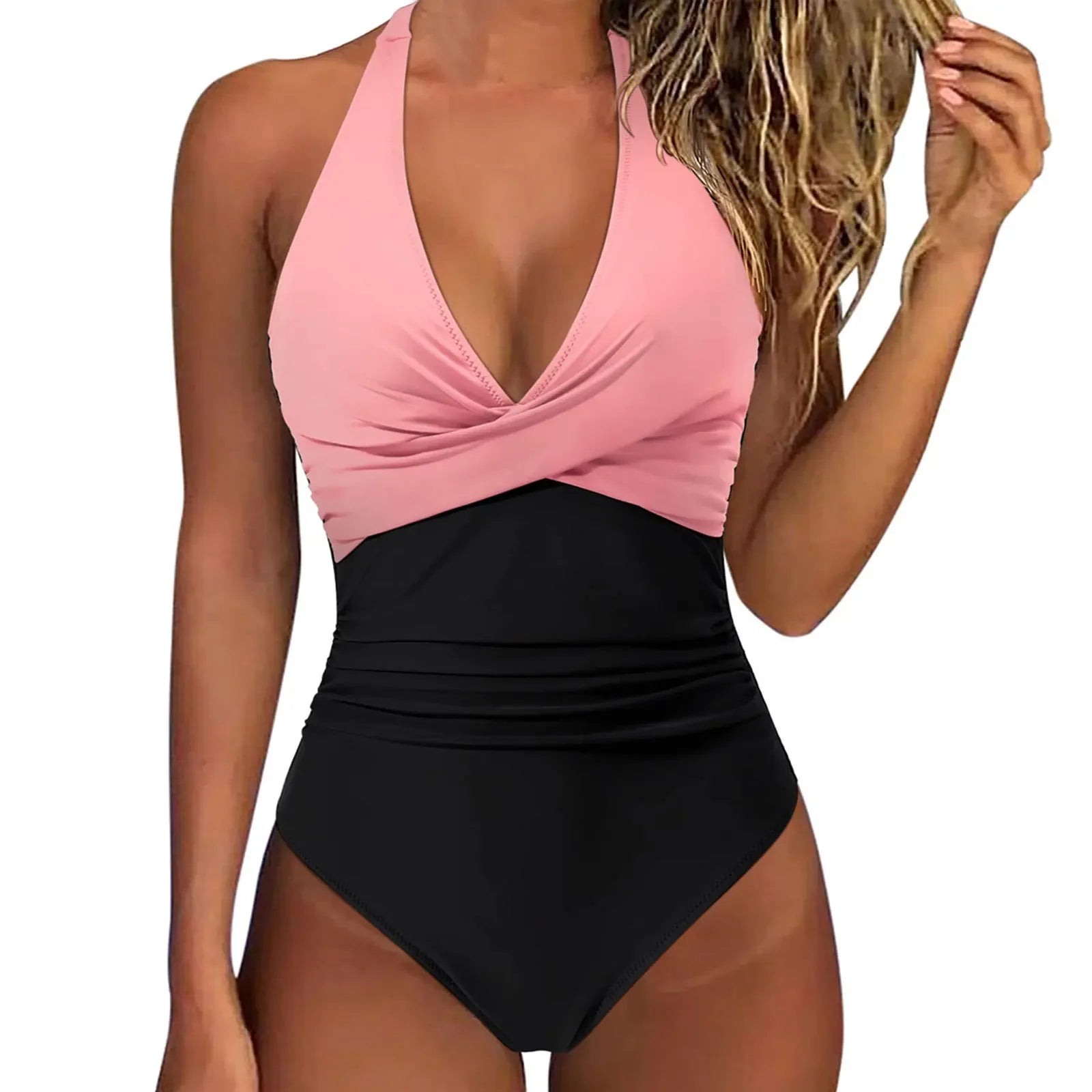 Women's Wrinkled Halter One Piece Swimsuit | V Neck Backless Monokini S-XXL