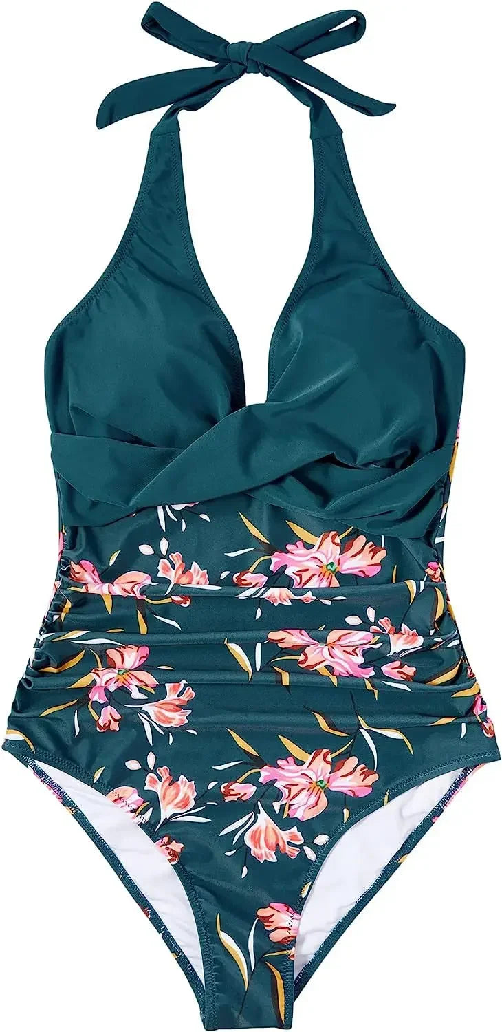 Women's Wrinkled Halter One Piece Swimsuit | V Neck Backless Monokini S-XXL