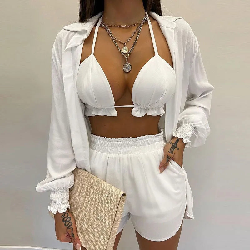 Women's 3-Piece High Waist Bikini Set | Print Swimwear with Shorts Cover Up