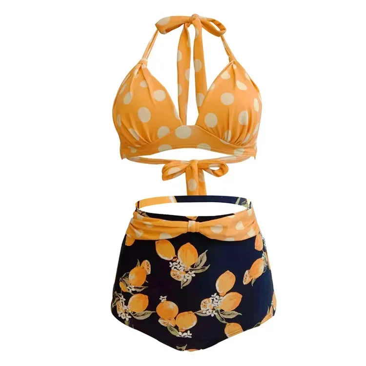 Women's Dot Print High Waist Bikini Set | Push Up Plus Size Swimwear with Bandage Detail